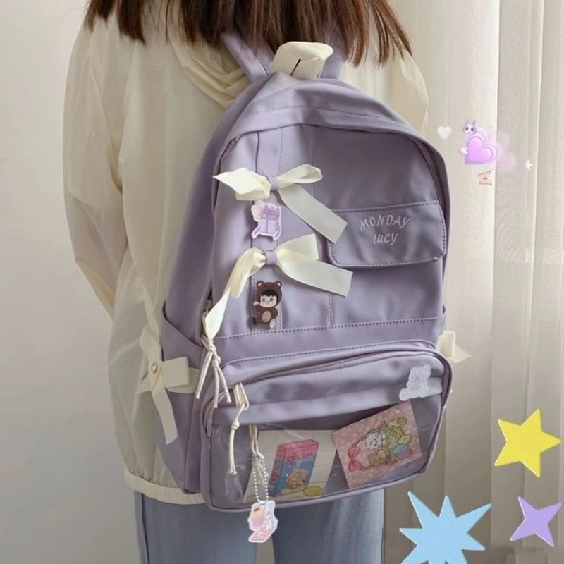 Backpacks Students Bow Sweet Women Girls School Bag Book Harajuku Big Capacity Purple Travel Rucksack Teens Fashion Water-proof