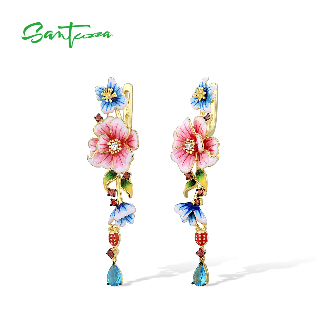 SANTUZZA Genuine 925 Sterling Silver Drop Earrings For Women Delicate Colorful Flowers Long Handmade Enamel Trendy Fine Jewelry