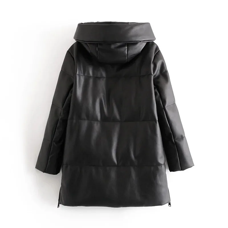 Winter Imitation Leather Hooded Cotton Jacket PU Leather Women\'s Loose Zipper Coat Casual Warm Mid-Length Coat