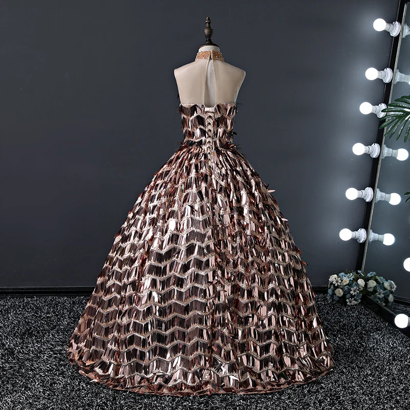 Flower Girl Dresses High Sleeveless Tulle Lace Sequined Beading Princess Floor-Length Luxury Brown Elegant Kids Party Gown H585