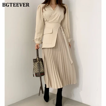 BGTEEVER 캐주얼 V넥 슬림 웨이스트 벨트 여성 드레스, 우아한 전체 소매 플리츠 베스티도, 숙녀 미디 드레스, 2021 봄 