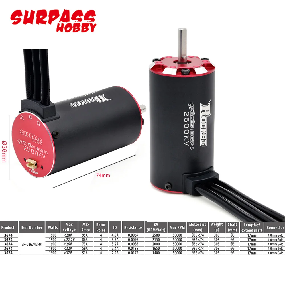 Surpass Hobby Rocket V2 3650 3660 3665 3670 3674 Waterproof Brushless Motor For 1/8 1/10 1/12 1/16 RC Car Racing Truck Traxxas