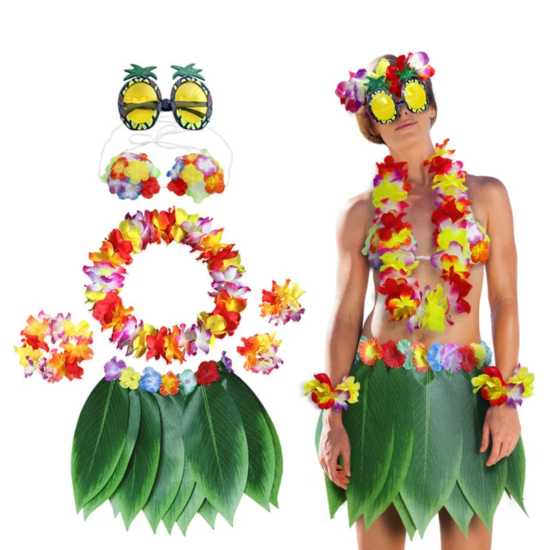 Kid Adult hawajskie sztuczne tropikalne liście spódnica w kwiaty Hula Boho spódnice do tańca Party hawaje spódnica z trawy Beach Holiday Costume