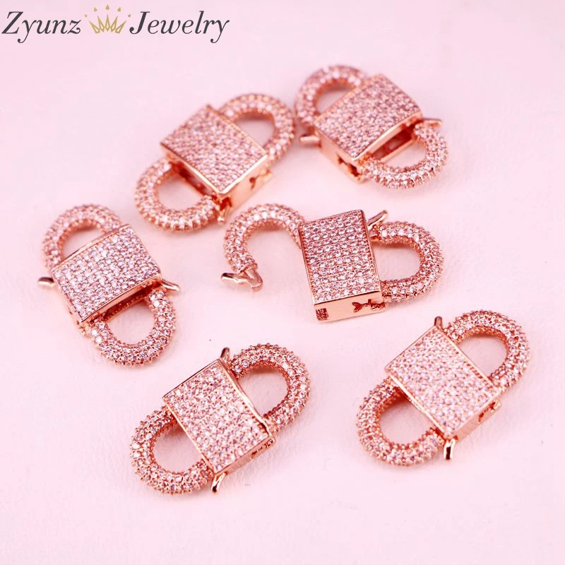 6PCS, Gold/Rose Gold/Black/Silver Color CZ Zirconia Clasp Component Lock Shape Metal Clasp Paved Jewelry Accessories