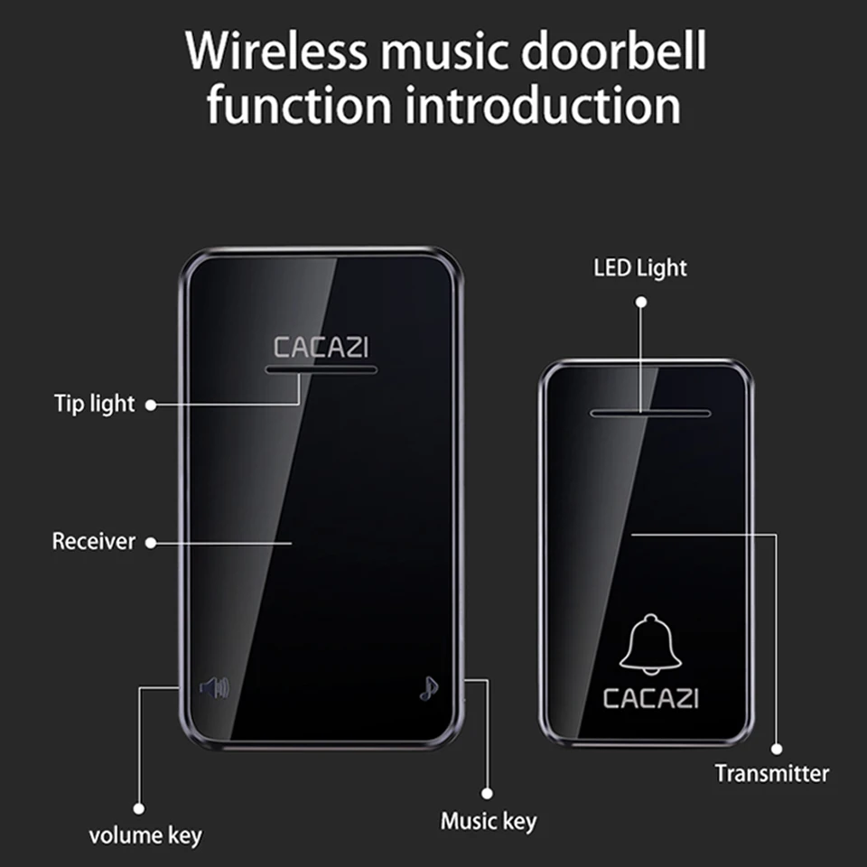 CACAZI Self-powered Waterproof Wireless Doorbell 200M Remote No Battery Smart Home Calling Bell Wireless Chime Ringbell 220V