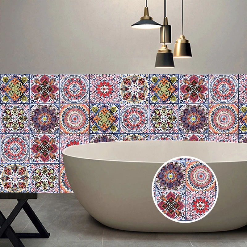 Retro Abstract Print Tile Stickers Bathroom Mosaic Vinyl Tile Kitchen Adhesive Border Wall Decals Waterproof Wallpaper Art Mural