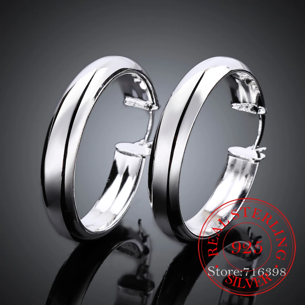 New 925 Silver Circle Creole Earrings Diameter 34mm Round Circle Hoop Earring For Women Brinco Fashion Jewelry Accessories