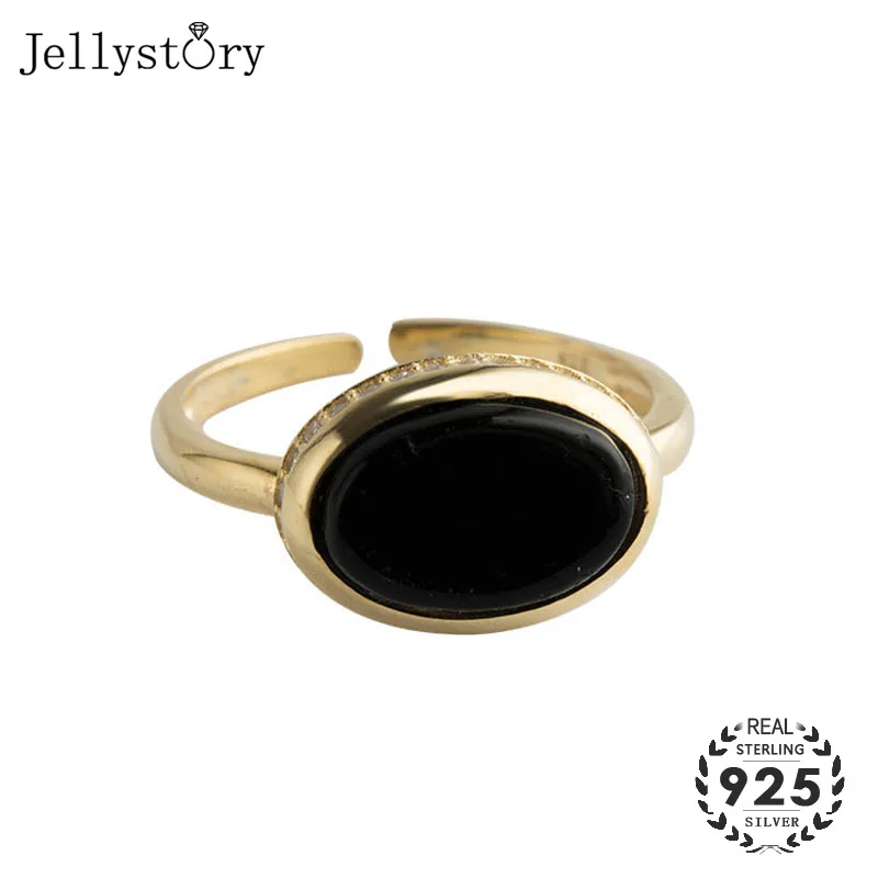 Jellystory Vintage Ring 925 Sterling Silver with oval shape obsidian Jewelry for Women Wedding Anniversary Party Adjustable Ring