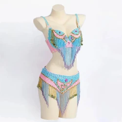 Size S-XL Performance Women Dancewear Professional Outfit Long Oriental Beaded Belly Dance Costume Bra Belt