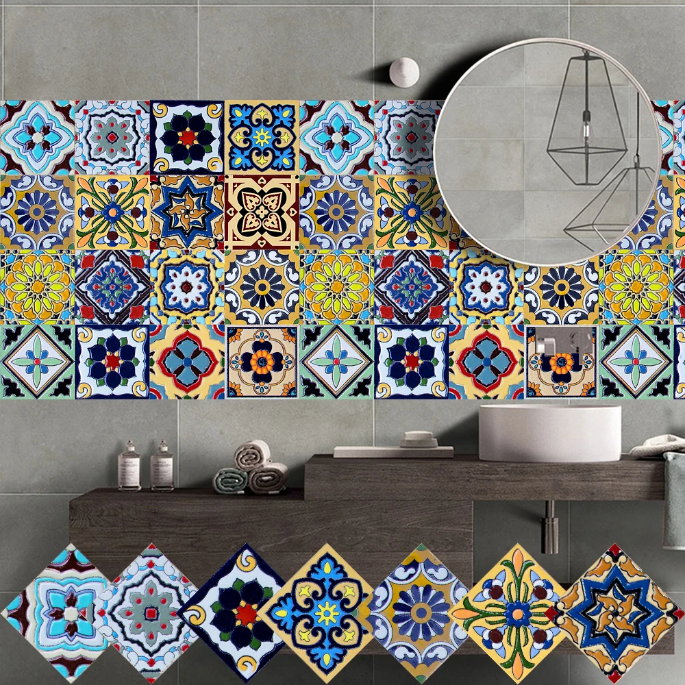 16pcs Retro Moroccan Tiles Wall Sticker Kitchen Backsplash Cupboard Bathroom Decoration Waterproof Self-adhesive Art Wall Decals