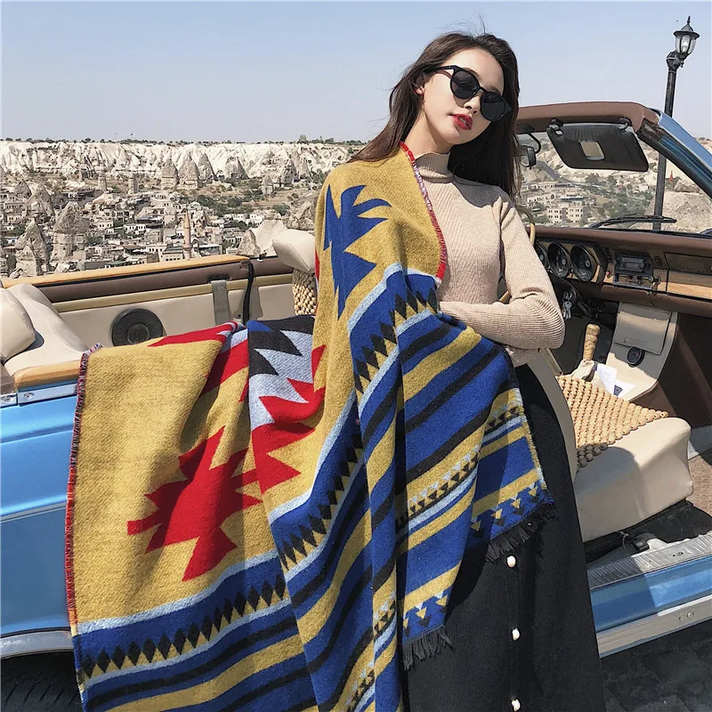 Ethnic Bohemian Geometric Shape Imitation Cashmere Split Shawl Cloak Infinity Scarf Designer Scarf Women Luxury 2021