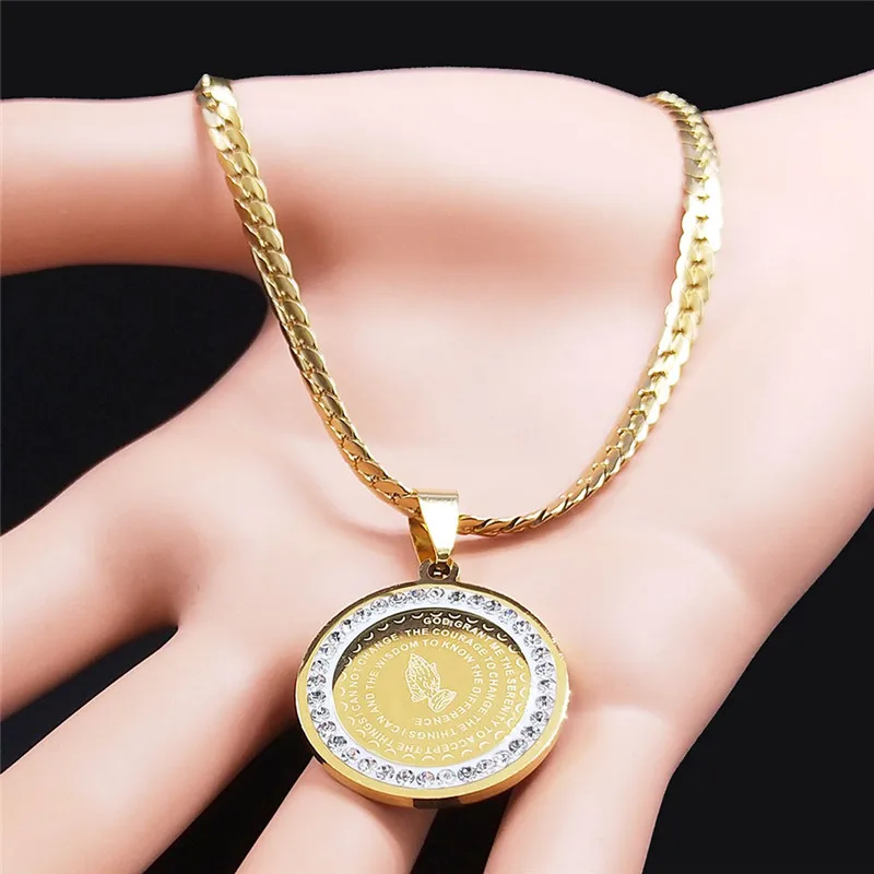 Crystal Stainless Steel Bible Fold Hand Praying Necklaces Men Chain With Pendant The Lord Prayer Cross Necklace Jewelry chaine