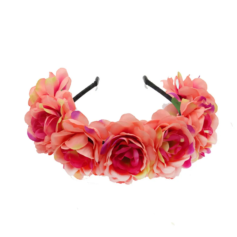 Coroa de flores rosas elásticas para mulheres, acessórios elegantes para cabelos de praia para noivas, hairband estilo mexicano para senhoras, 1pc