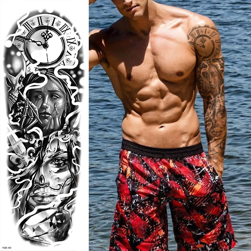 REALISTIC TEMPORARY TATTOO SLEEVE, WAR, SOLDIER, LION, CLOCK, MENS, WOMENS