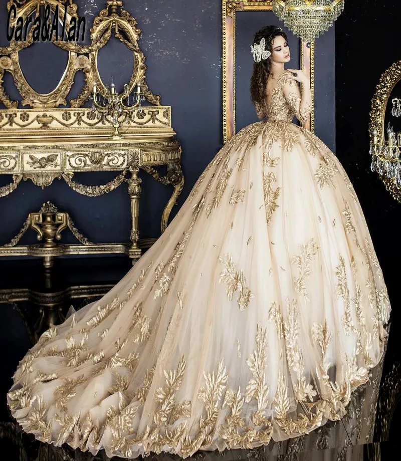 Vintage real princesa vestido de casamento com véu champanhe lantejoulas apliques árabe mangas compridas vestidos de noiva novia civil