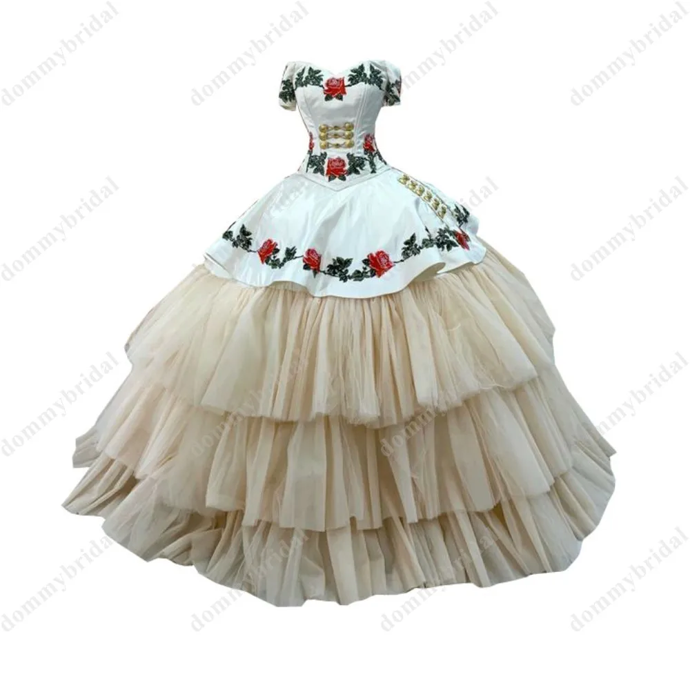 Hada blanca De champán Puffy falda Vestido De bordado De flores baile De graduación De quinceañera Vestido fuera De hombro Vestido De Anos 15