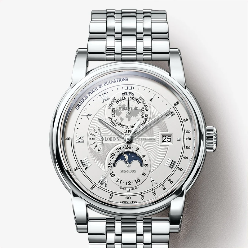 LOBINNI 316L Stainless steel Men Automatic Mechanical Watches Sapphire Glass Waterproof Watch Date Week Moon Phase Watch