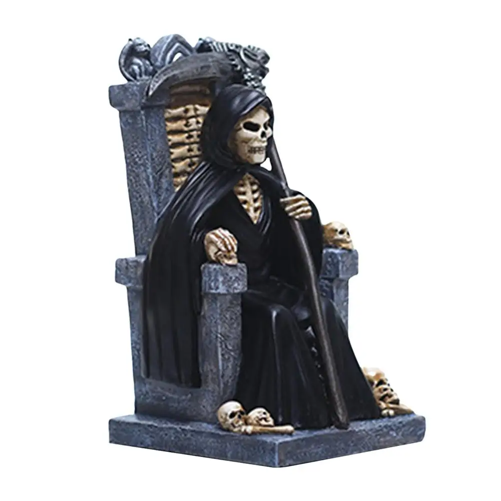 Halloween Resin Death Grim Reaper Statue Sitting On Skeleton Throne Figurine Decoration,Christmas Halloween Decorations