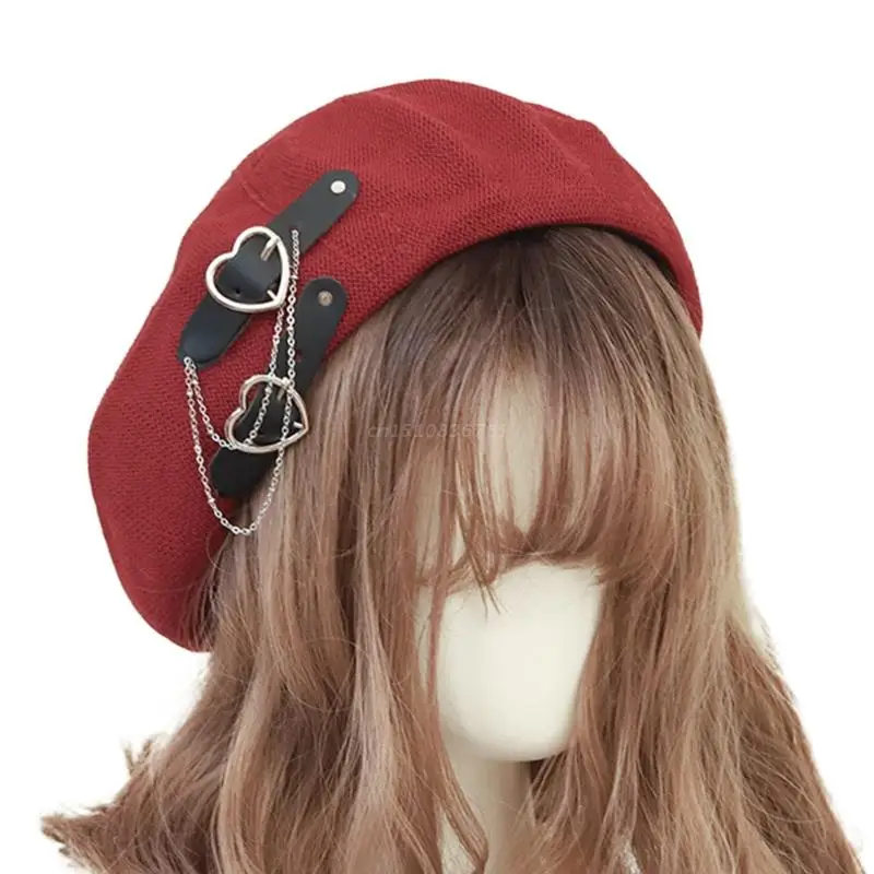 Sweet Cool Punk Beret Lolita Hat Cute Girls Japanese Heart Buckle Beanie Hat Kawaii Preppy Style Girl Beret