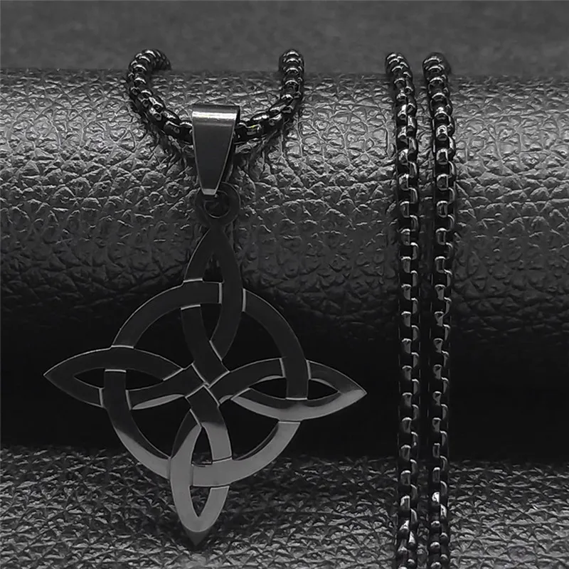 Stainless Steel Witchcraft Witch's Knot Geometry Long Chain Necklace for Men/Women Black Color Jewelry Bijoux Femme N4273S03