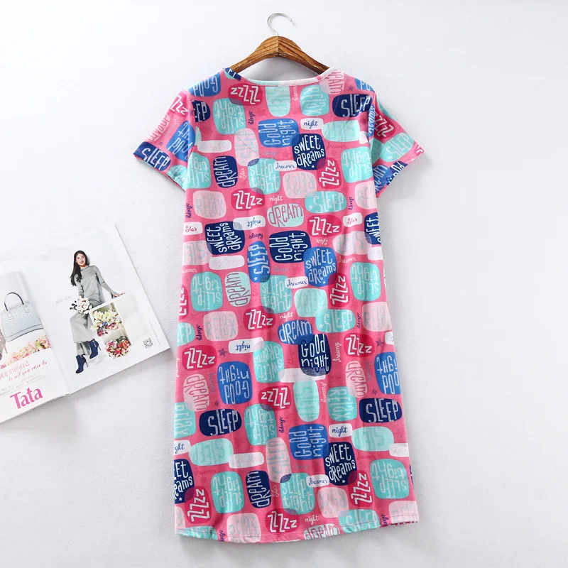 Summer Female Casual Cartoon Nightwear Dress Ladies Soft Cotton Nightgown Women Short Sleeve Round Collar Plus Size Sleep Dress