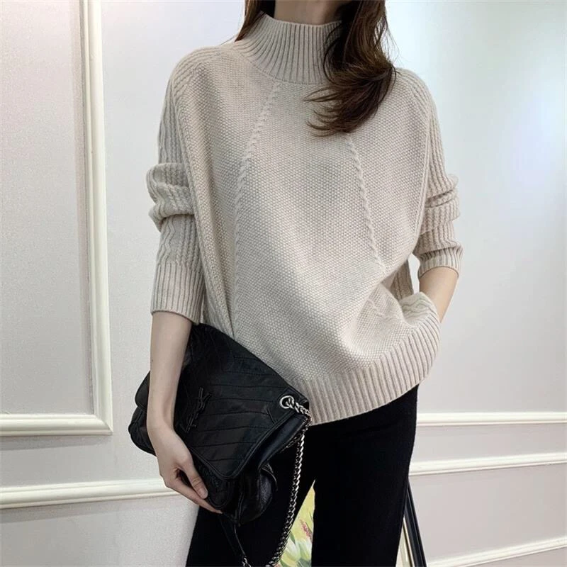 sweater women half high neck loose 100% wool knitted sweater pullover large Solid color size sweater women Spring/Autumn/Winter