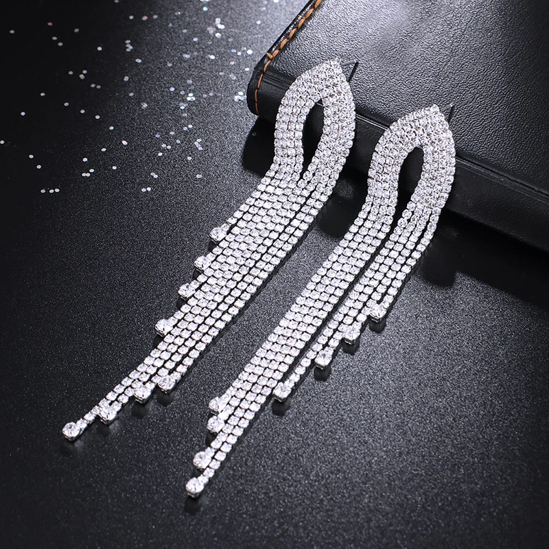 TREAZY New Rhinestone Hanging Tassel Drop Earrings for Women Crystal Long Dangle Earrings Birthday Party Brides Wedding Jewelry