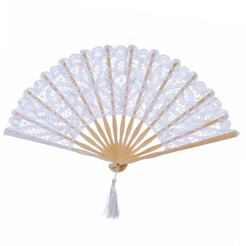 10PCS Large Size Handmade Victorian White & Beige Color Embroidery Buttenburg Lace Fan Wedding Gift Favor with Tassel For Bride