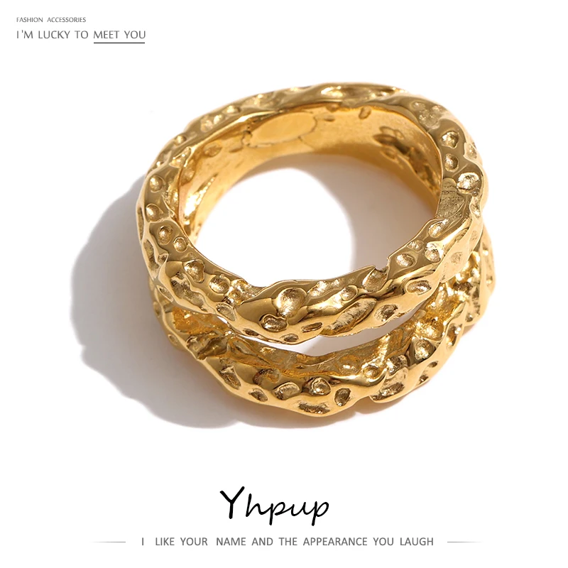 Yhpup-Anillos redondos de acero inoxidable para mujer, joyería chapada en oro con textura de Metal de 18 K, joyería a la moda, regalo para mujer