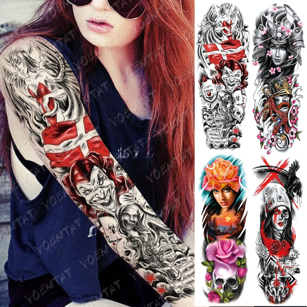 Large Arm Sleeve Tattoo Devil clown Geisha Samurai Waterproof Temporary Tatto Sticker Poker Stars Body Art Full Fake Tatoo Women