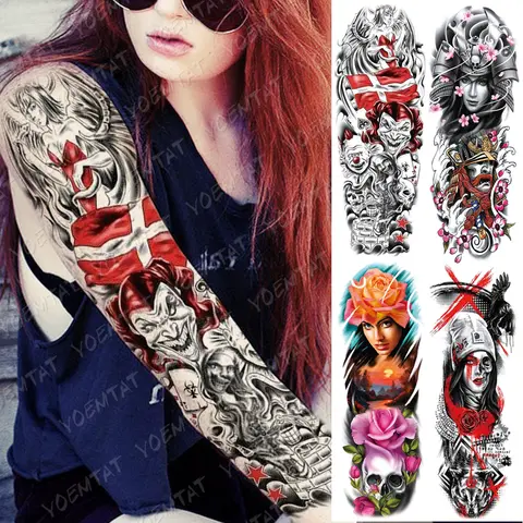 Große Arm Sleeve Tattoo Teufel clown Geisha Samurai Wasserdicht Temporäre Tatto Aufkleber Poker Sterne Körper Art Full Gefälschte Tatoo Frauen