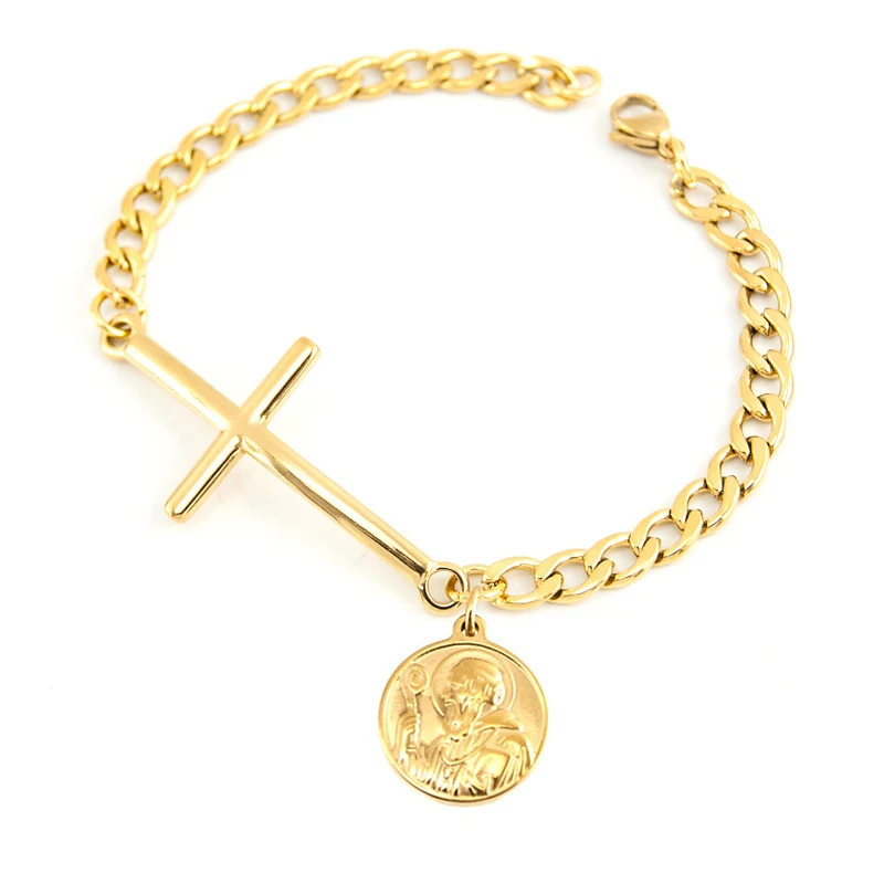 Stainless Steel Saint San Benito Virgin Mary Pendant Cuban Chain Corss Connecter Bracelet for Women