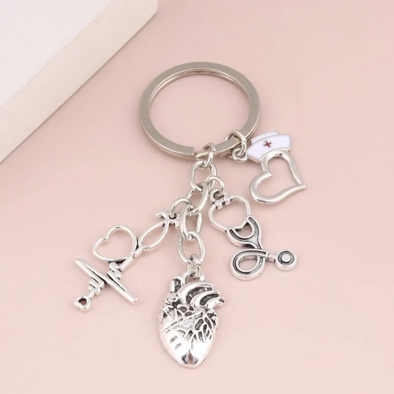 New Heartbeat Charms Keychain Medical Stethoscope Key Ring Heart Key Chain Doctor Nurse Gift For DIY Jewelry Handmade