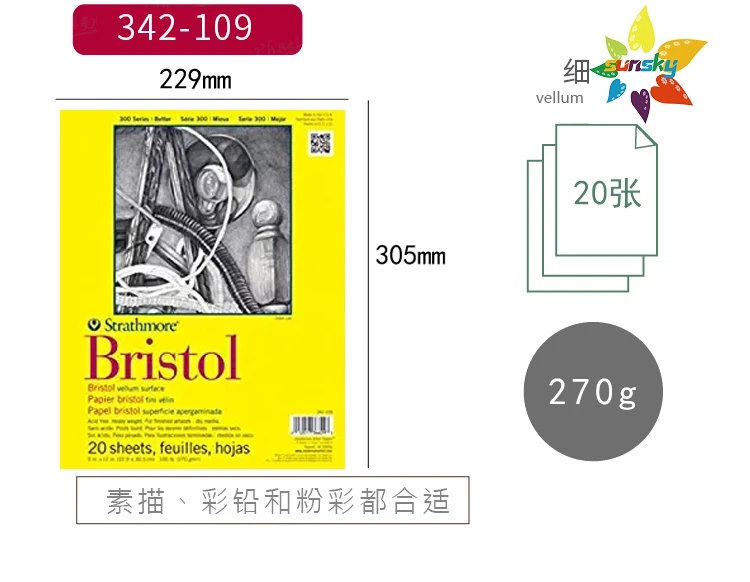 Strathmore-ورق مائي 300 Series ، 360-9,9 بوصة × 12 بوصة ، مكبس بارد ، 12 ورقة. 342-9 ، وسادة ناعمة من Bristol ، 9 بوصة × 12 بوصة ، 20 ورقة