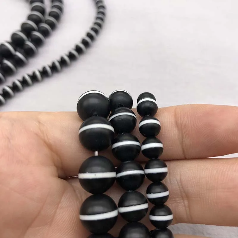 Natural Stone Matte Black White Line Stripes Agates Beads  Round Loose Beads 15