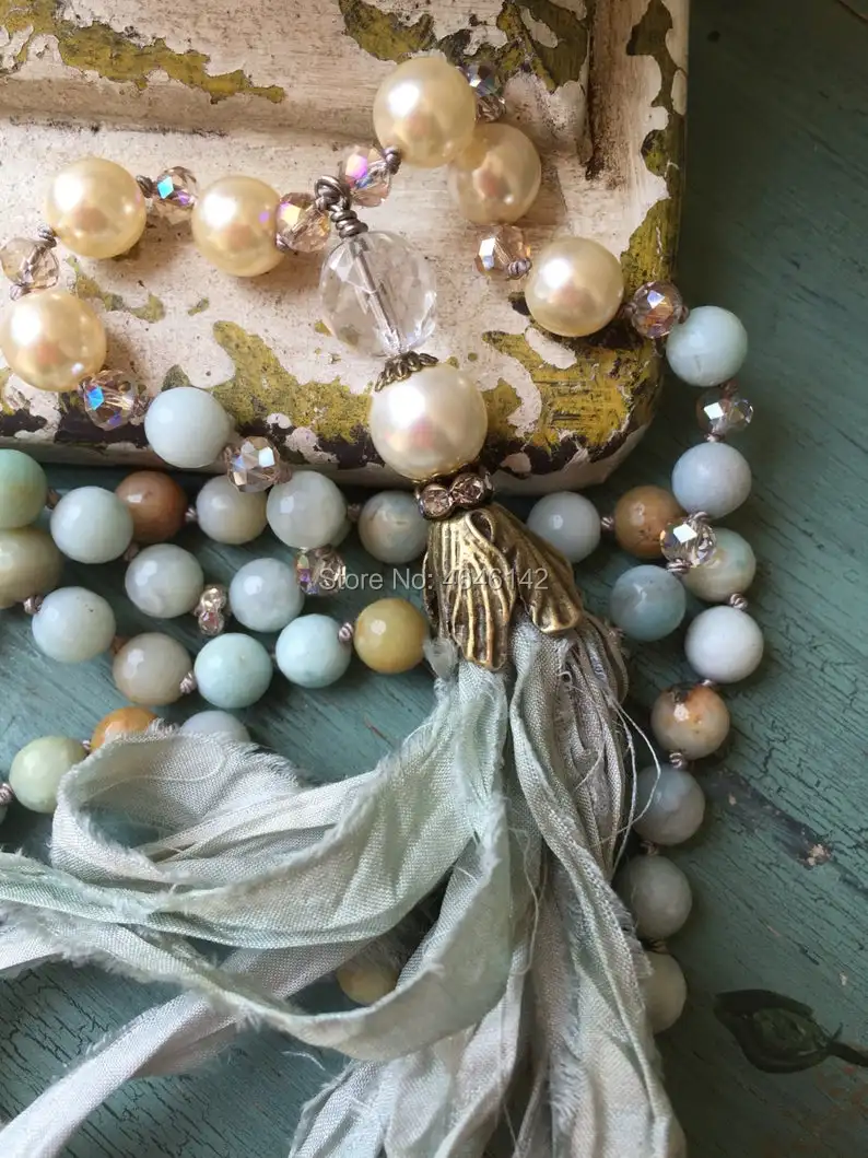 

Boho Chic Pearl Beads Sari Silk Tassel Necklace Gothic Amazonite Beaded Necklace