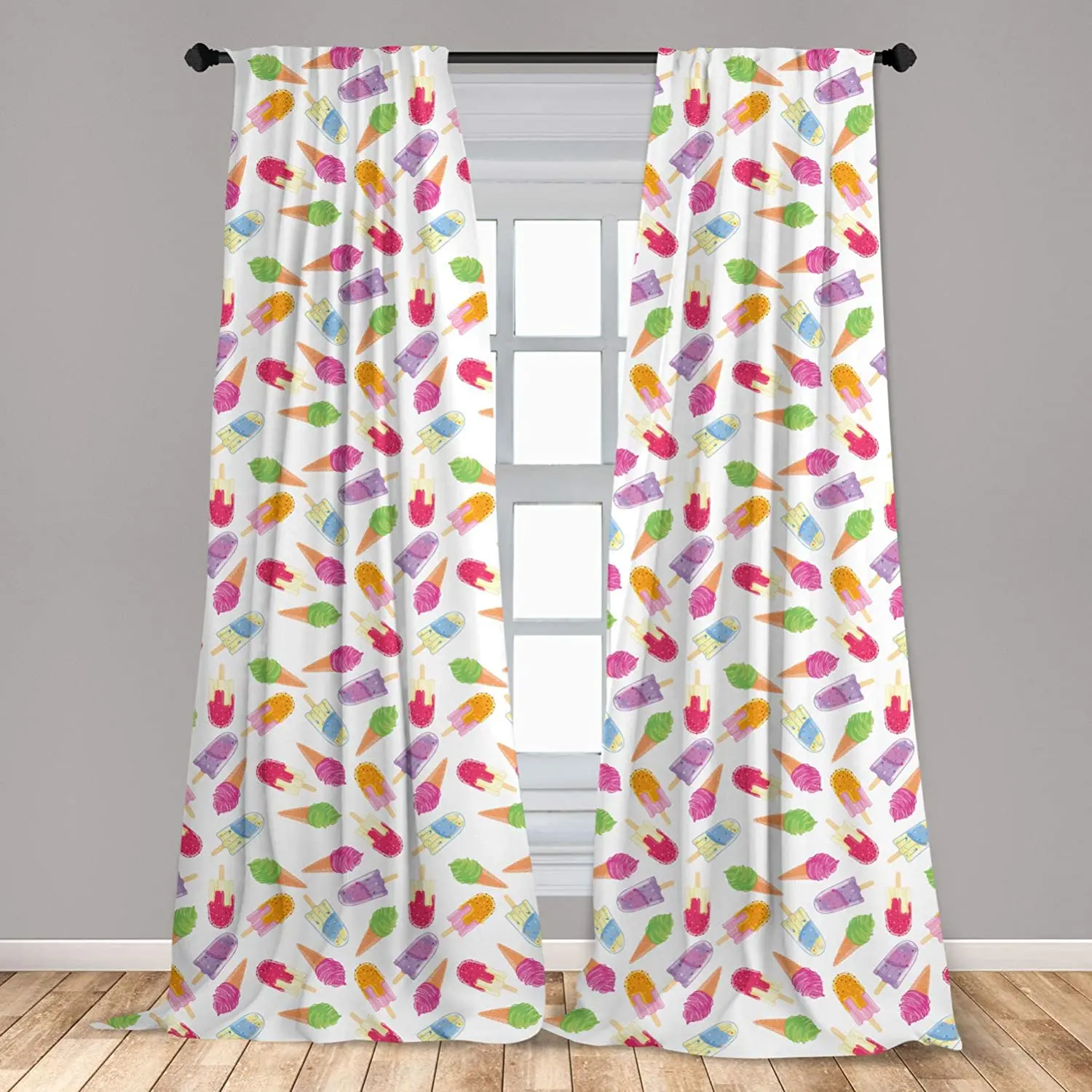 Ice Cream Curtain for Kids Room Cartoon Style Cones with Vibrant Colored Creamy Scoops and Popsicles Tooth   Window Drapes