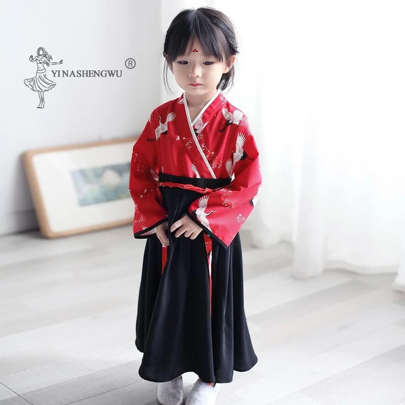 Little Girl Baby Crane Print Robe Set Japanese Girl Dress Kimono Costume Child Floral Embroidery Tops Skirt Kids Yukata Clothes