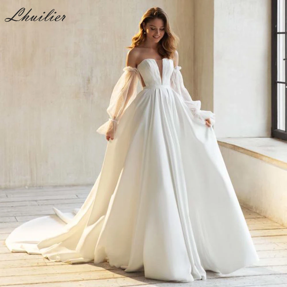 

Lhuilier Customized Women's A-Line Strapless Satin Wedding Dresses Pleated Floor Length Bridal Gowns with Removable Sleeves