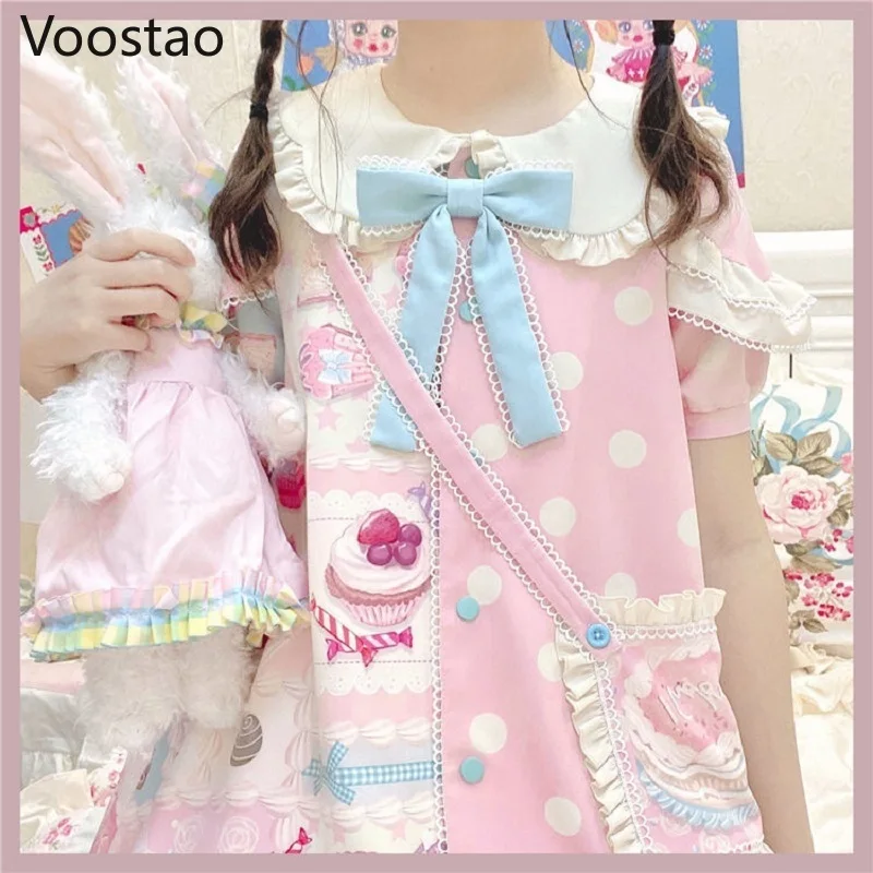 Japanese Sweet Kawaii Lolita Dress Frost Sugar Sweetheart Pink OP Dress Women Vintage Victorian Gothic Princess Tea Party Dress