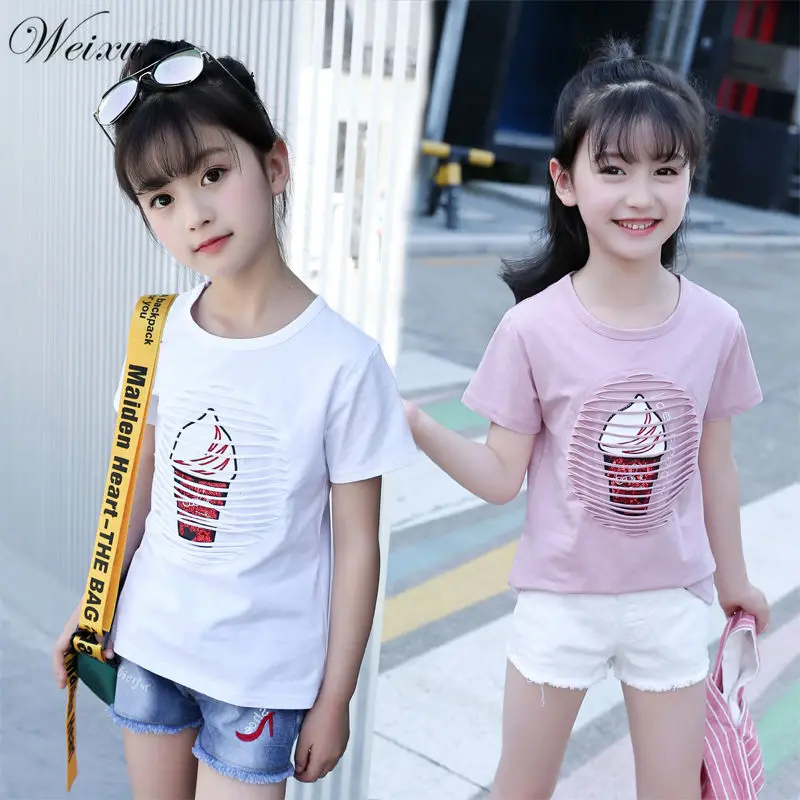 

Weixu Summer T shirts for Baby Girls Kids Ice Cream Sequins Short Sleeve White Cotton Top T-shirt Clothes for Teens 12 Years Old