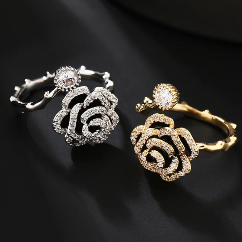 Valentine's Day Gift Fashion Women Finger ring Diamond Circlet Golden Rose Rings Adjustable Hoop Jewelry