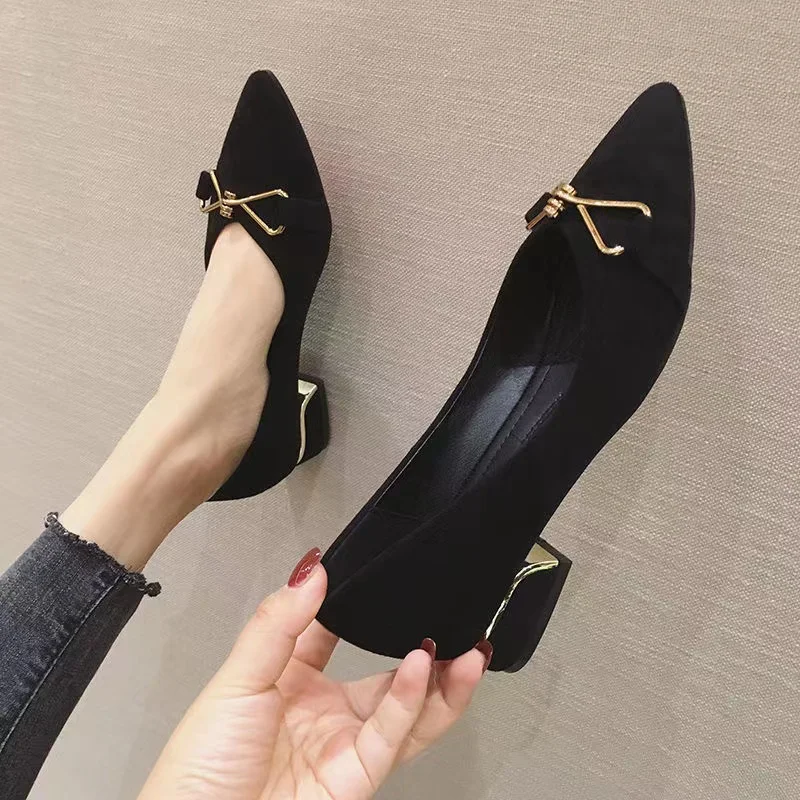 women shoes suede pointed toe metal bow decoration slip on flats mid-heel thick heel black loafers dress shoes