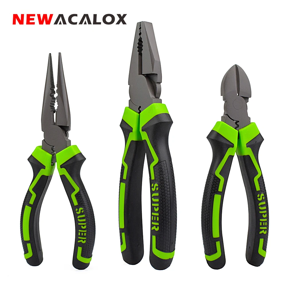 NEWACALOX Jewelry DIY Pliers Set 6''-8'' Wire Stripper Cutter Pliers Long Nose Pliers Diagonal Pliers Making Hand Craft Tool Kit