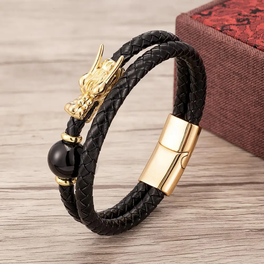 2020 New Design Tiger Eye Bracelet Charm Natual Stone Beads Genuine Leather Men Bracelets Stainless Steel Magnetic Clasp Jewelry