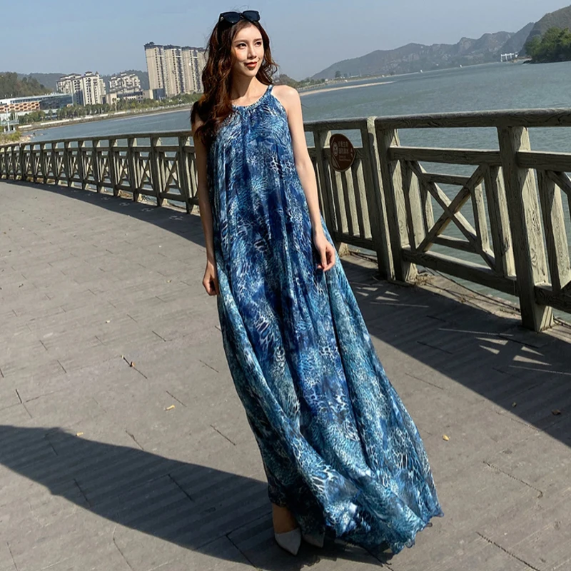 Estate floreale Chiffon stampa leopardo maniche bretella Maxi vestito per le donne Sexy Backless Beach Boho Femme vestito estivo foto