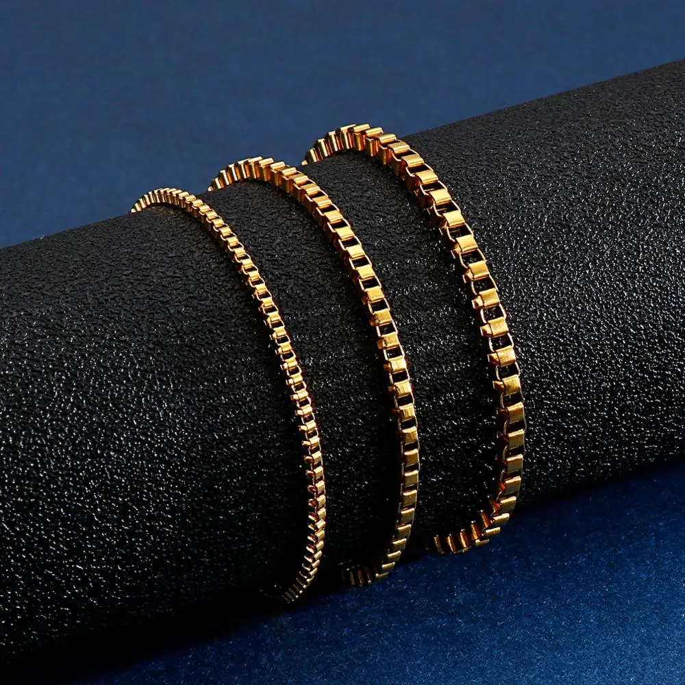 2/2.5/3mm Stainless Steel Gold Color Box Chain Bracelet Unisex Couple Mini Fashion Jewelry