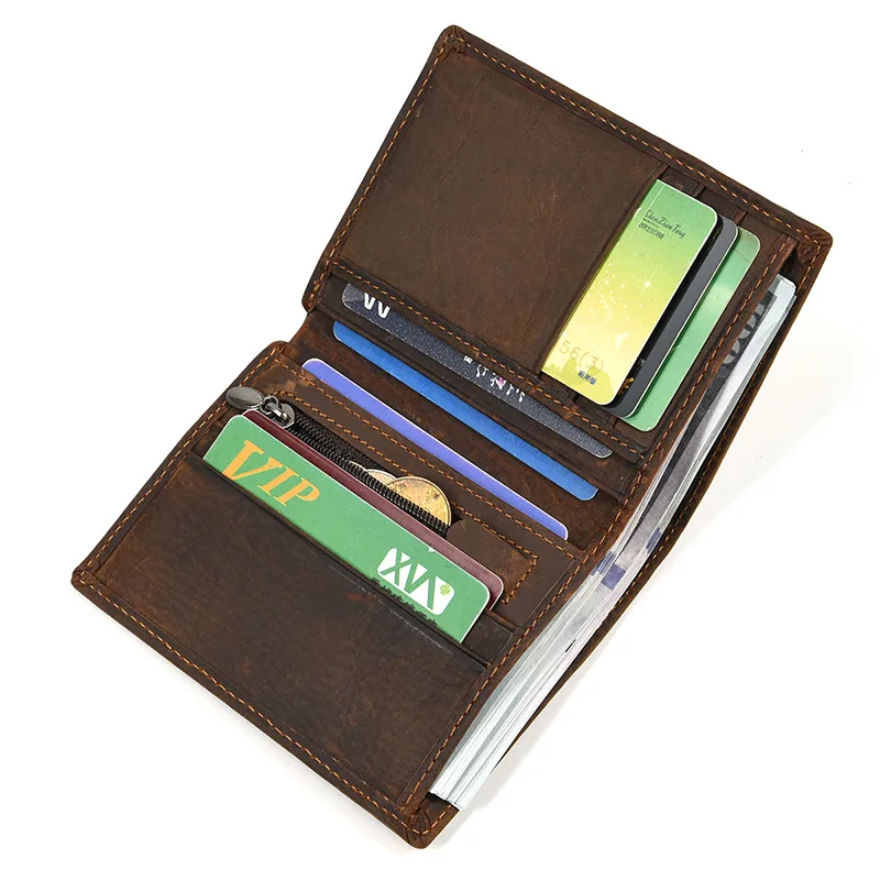 Dobry skórzany krótki portfel męski męski mały Crazy Horse skórzana torebka w stylu vintage wąskie portfele hurtownia portfeli Bifold Drop shipping — zdjęcie 2
