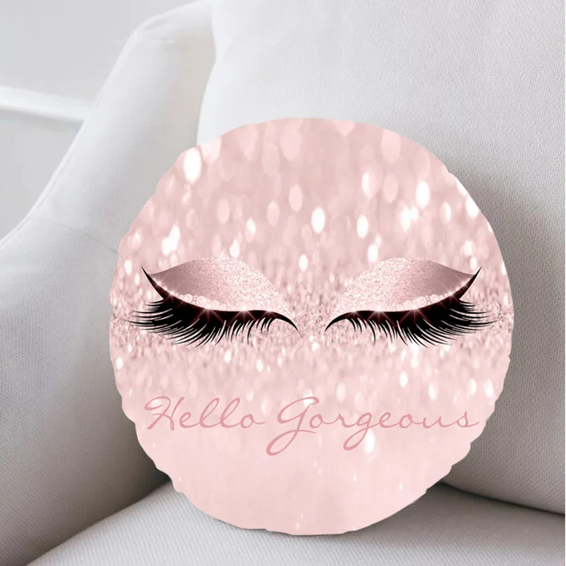 Girly Rose Gold Glitter Eye Lash Eyelash Round Pillow Case Hello Gorgeous Lashes Velvet Sofa Cushions Cover Beauty Salon Decor