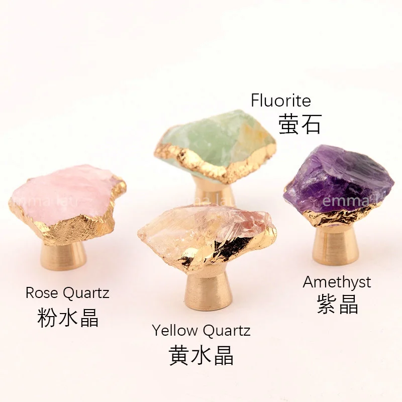 New Natural Irregular Fluorite Stone Knob and Handle Brass Base Drawer Cupboard Closet Door Knobs Clear Crystal Furniture Pulls